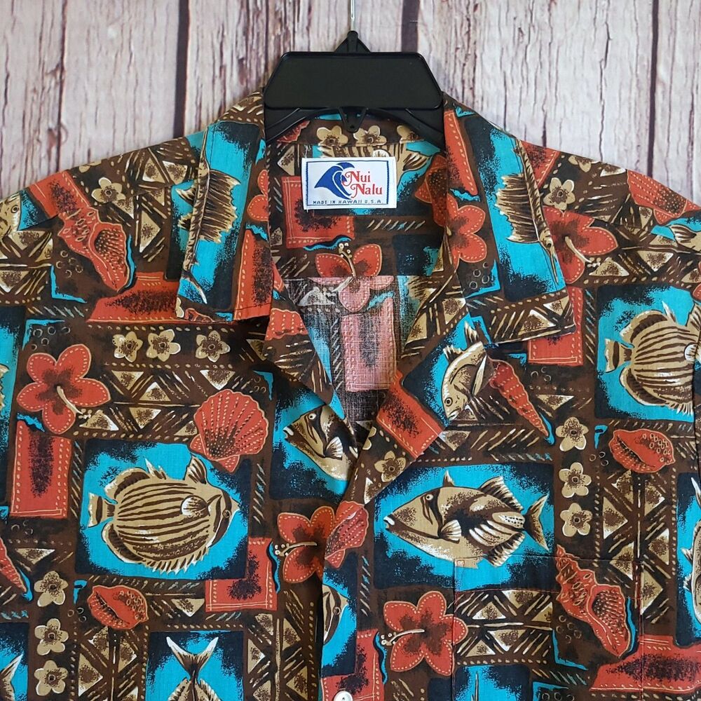 Nui Nalu Vintage Shirt 1980s Made In Hawaii USA All Over Fish Print